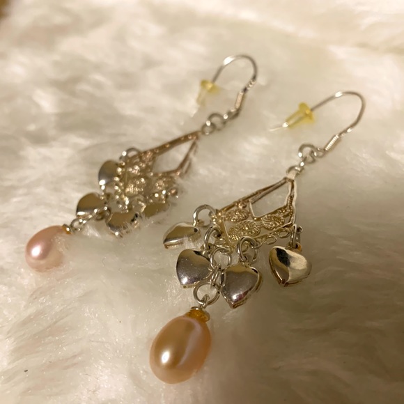 💝Sterling Silver 925 Chandelier Heart Earrings Pale Pink Pearl - Picture 3 of 5
